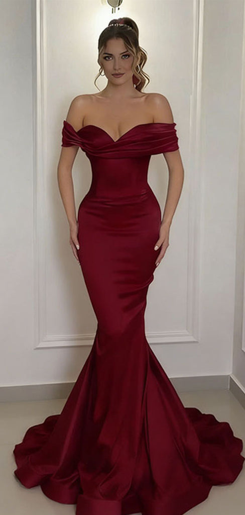 Sexy Burgundy Off-Shoulder Mermaid Long Prom Dress Ideas, Evening Party Dresses, WGP2036