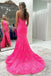Unique Pink Lace Prom Gown with Sexy High Slit Halter V-Neck Sleeveless Mermaid Dress,WGP2088