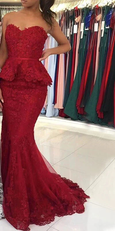 Sexy Applique Red Sweetheart Mermaid Long Prom Dress Ideas, Evening Party Dresses,WGP1852
