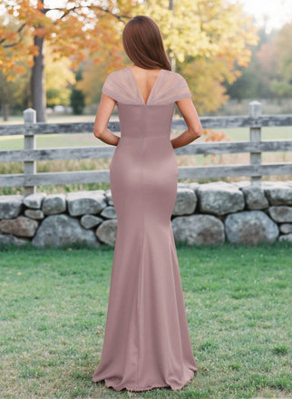 Elegant Pink V-Neck Short sleeves Mermaid Long Bridesmaid Dresses Online, WGM415