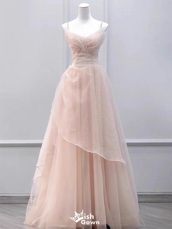 Elegant Pink Spaghetti Strap A-Line Long Prom Dress Ideas, Evening Party Dresses,WGP1798