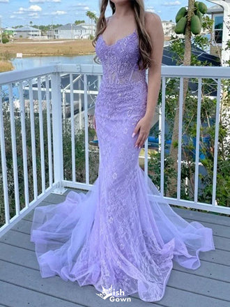 Elegant Spahetti Strap Lavender Applique Mermaid Long Prom Dress Ideas, Evening Party Dresses ,WGP1597
