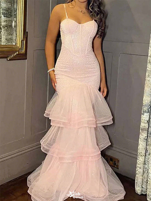 Elegant Pink Spaghetti Strap Mermaid Long Prom Dress Ideas, Evening Party Dresses,WGP1784