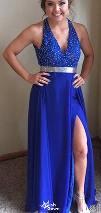 Gorgeous Halter V-neck A-line Long Prom Dress Ideas, Evening Party Dresses,WGP1781