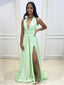 Sexy Sage Halter Strap A-Line Side Slit V-Neck Party Prom Dresses,Evening Dress Online, WGP819