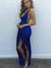 Elegant Blue Halter Strap V-Neck A-Line Side Slit&nbsp;Party Prom Dresses,Evening Dress Online, WGP822