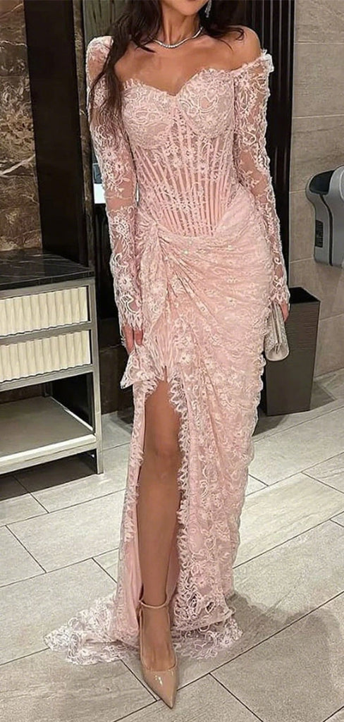 Sexy Pink Long Sleeve Lace Mermaid Long Prom Dress Ideas, Evening Party Dresses,WGP1785