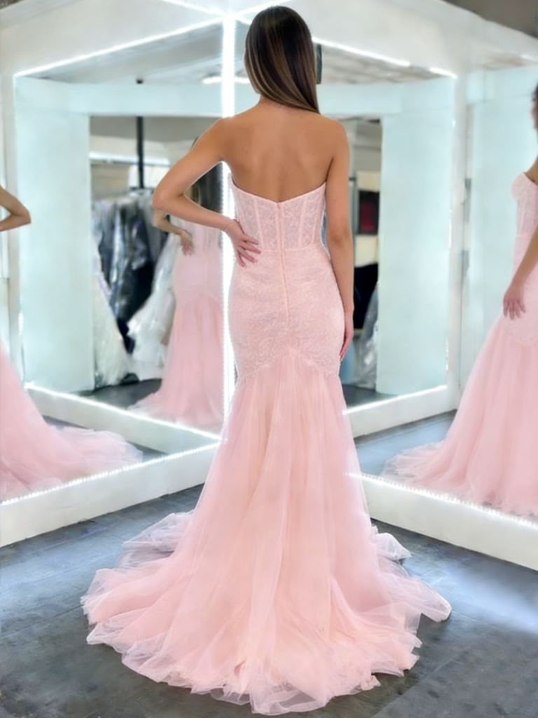 Unique Lace Mermaid Prom Dress Strapless Sweetheart Neck Backless Tulle Formal Gown,WGP2060