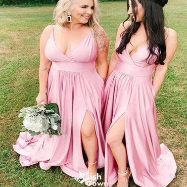 Elegant Pink Spaghetti Strap A-Line Side Slit&nbsp;Sleeveless Wedding Guest Bridesmaid Dresses,WGM401