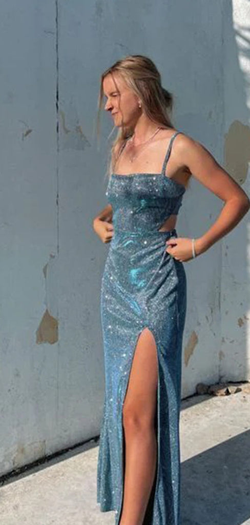 Shiny Blue Spaghetti Strap Mermaid Side Slit Long Prom Dress Ideas, Evening Party Dresses,WGP1725
