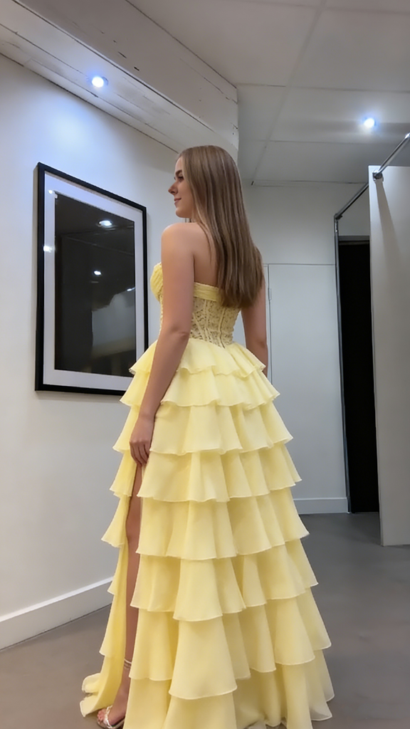 Unique Yellow Tiered Ruffle Prom Dress Strapless Corset Bodice Tulle Ball Gown with Slit,WGP2056
