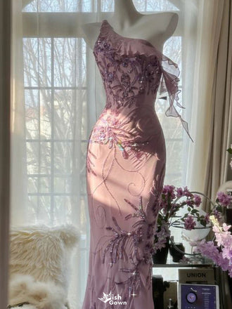 Elegant Pink One-Shoulder Mermaid Long Prom Dress Ideas, Evening Party Dresses,WGP1673