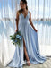 Elegant Blue V Neck Side Slit A-line Long Party Dress Prom Dresses,Evening Dress Online, WGP936