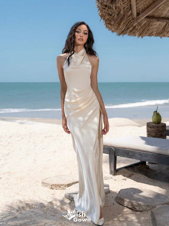 Elegant White High Neck Mermaid Long Prom Dress Ideas, Evening Party Dresses,WGP1774