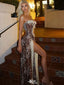 Sexy Leopard Print Lace Spaghetti Strap Mermaid Side Slit Long Prom Dress Ideas, Evening Party Dresses,WGP1714
