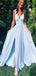 Elegant Blue A-Line Straps V Neck Side Slit Cheap Maxi Long Party Prom Gowns,Evening Dresses,WGP422