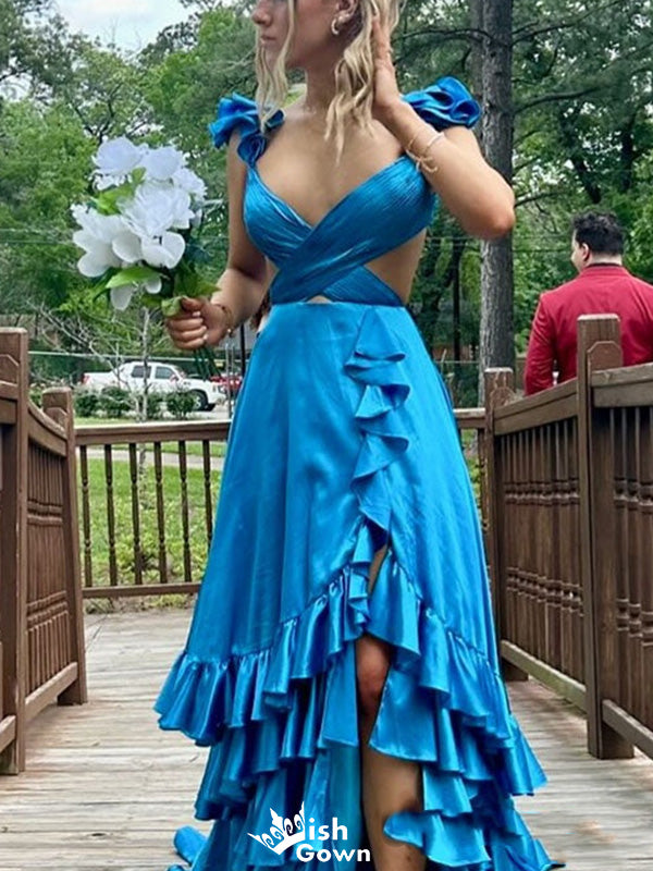 Unique V-neck Asymmetric A-line Long Prom Dress Ideas, Evening Party Dresses,WGP1208