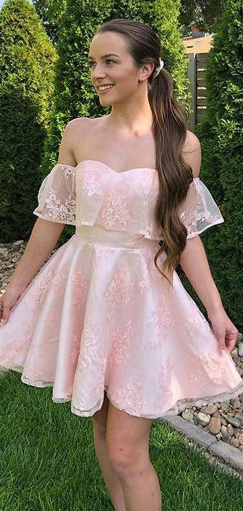 Cute Pink Off-Shoulder Short Sleeveless Homecoming Dresses For Birthday Party, EPT692