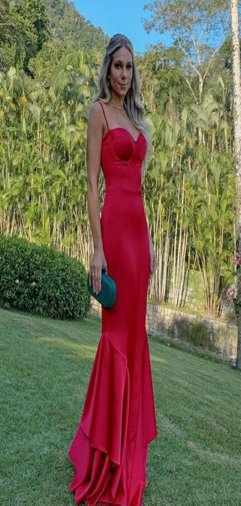 Sexy Red Mermaid Spaghetti Straps V Neck Cheap Maxi Long Party Prom Gowns,Evening Dresses,WGP405