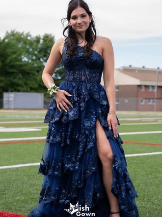 Elegant One-shoulder Lace A-line Long Prom Dress Ideas, Evening Party Dresses,WGP1241