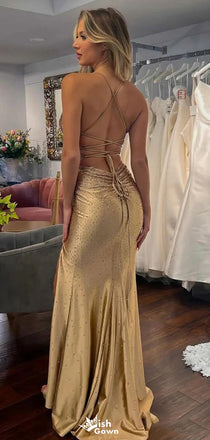 Sexy V-neck Spaghetti Strap Criss-Cross Beading Mermaid  Long Prom Dress Ideas, Evening Party Dresses,WGP1108