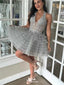 Elegant Gray Halter Strap Lace Popular Cheap Short Homecoming Dresses, EPT198