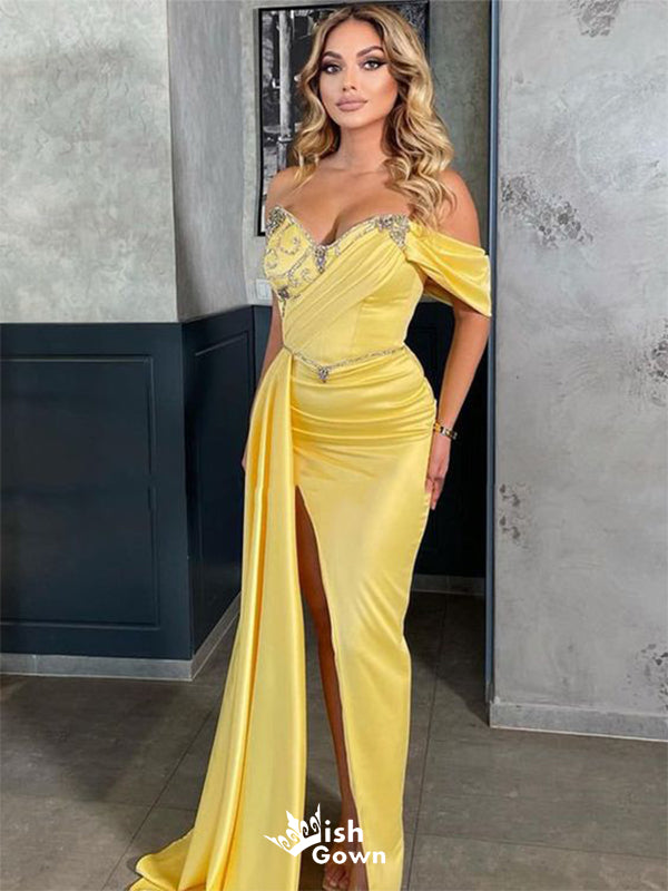 Sexy Yellow Mermaid Off-Shoulder Side Slit Popular Long Evening Dresses, Formal Dresses, Birthday Party, WGP582