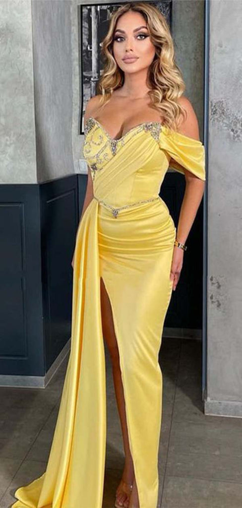 Sexy Yellow Mermaid Off-Shoulder Side Slit Popular Long Evening Dresses, Formal Dresses, Birthday Party, WGP582