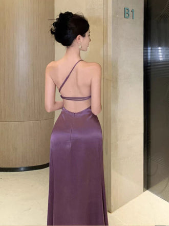Sexy Purple One-Shoulder Sleeveless Mermaid Side Slit Long Prom Dress Ideas, Evening Party Dresses ,WGP1567