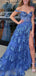 Off Shoulder Lace Sexy Blue A-Line Side Slit Long Evening Dresses, Formal Dresses, WGP524