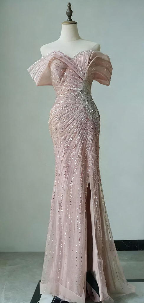 Sparkly Pink Off-Shoulder Mermaid Side Slit Long Prom Dress Ideas, Evening Party Dresses,WGP1753