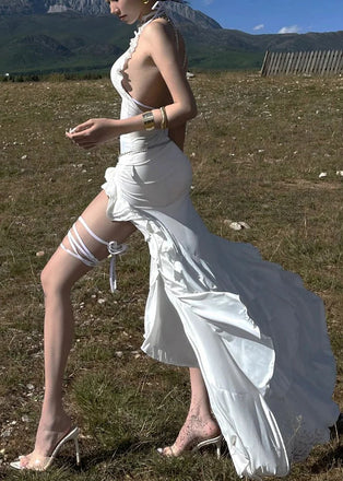 Elegant White V-Neck Mermaid Side Slit Floral Long Prom Dress Ideas, Evening Party Dresses,WGP1703