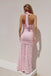 Classy Pink Lace Mermaid Prom Dress with Sexy High Slit and Halter Neck Sheer Bodice,WGP2104
