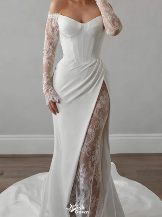 Elegant White Long Sleeve Lace Mermaid Long Wedding Dresses With Sweep Trailing ,WDH166