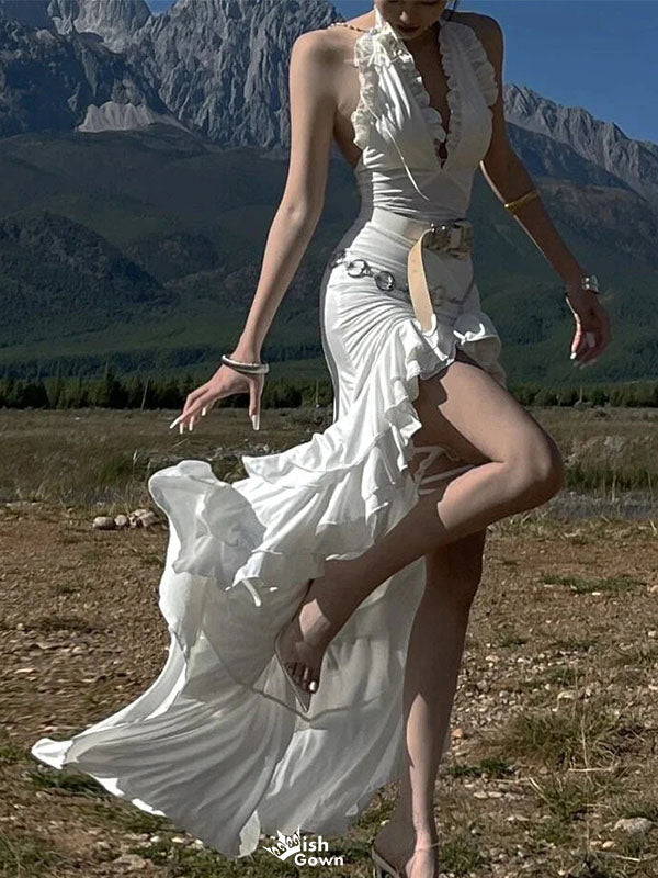 Elegant White V-Neck Mermaid Side Slit Floral Long Prom Dress Ideas, Evening Party Dresses,WGP1703