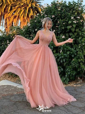 Elegant Pink V-Neck A-Line Long Prom Dress Ideas, Evening Party Dresses,WGP1827