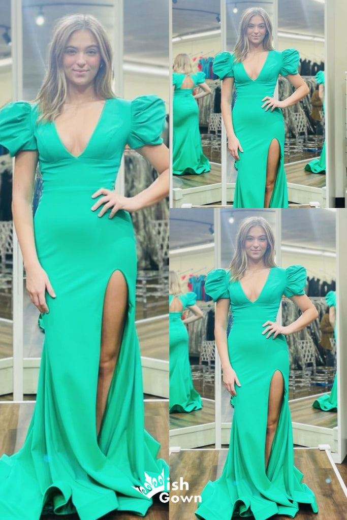 Stunning Green Mermaid Bubble Sleeves V Neck Mermaid Long Party Dress Prom Dresses,Evening Dress Online, WGP920