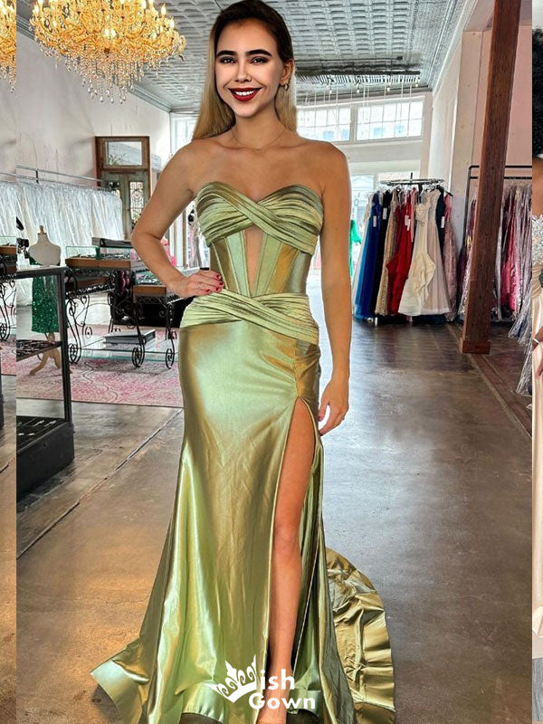 Elegant Green Strapless Mermaid Side Slit Long Party Dress Prom Dresses,WGP981