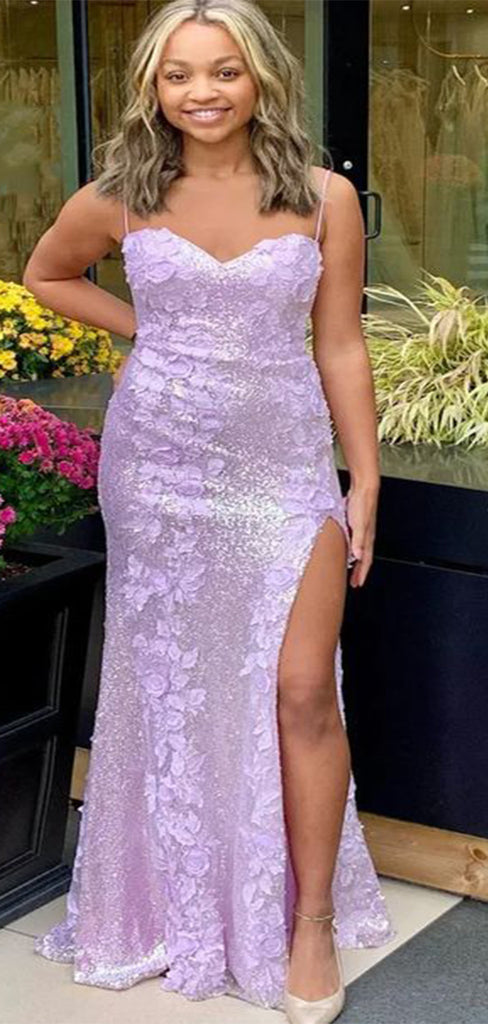 Elegant Light Purple Mermaid Spaghetti Straps Side Slit Applique Sequin Cheap Maxi Long Party Prom Gowns,Evening Dresses,WGP442