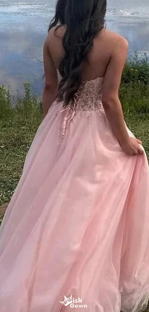 Gorgeous Sweetheart Strapless Lace A-line Long Prom Dress Ideas, Evening Party Dresses,WGP1279