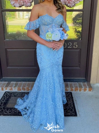 Elegant Sweetheart Off-shoulder Lace Mermaid Long Prom Dress Ideas, Evening Party Dresses,WGP1283
