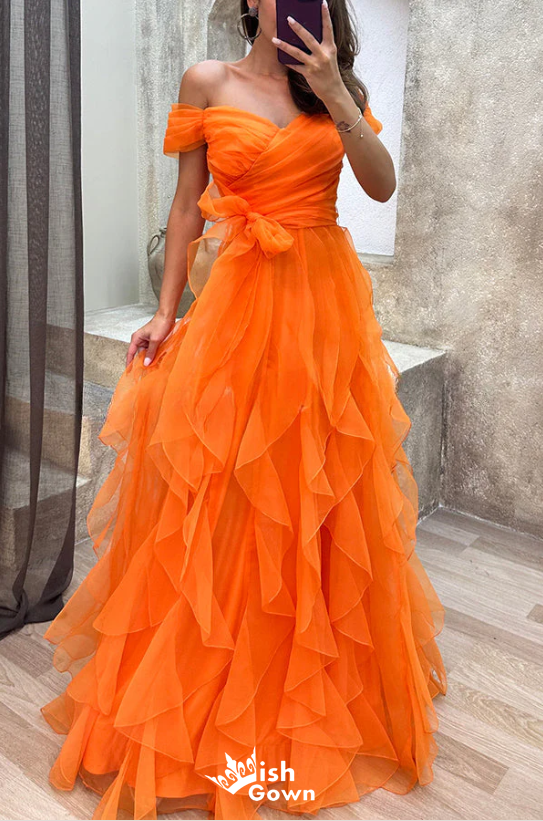 Elegant Orange Off Shoulder A-line Long Party Dress Prom Dresses,WGP987