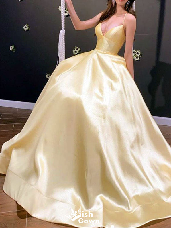 Elegant Light Yellow V Neck Spaghetti Straps A-line Long Party Dress Prom Dresses,WGP988