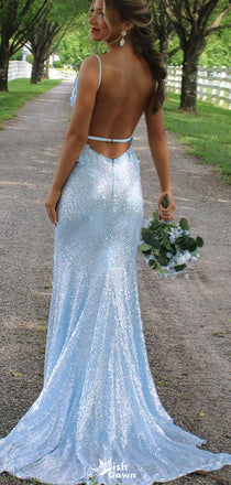 Elegant V-neck Spaghetti Strap Backless Mermaid Long Prom Dress Ideas, Evening Party Dresses,WGP1298