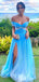 Elegant Blue A-Line Off-Shoulder Side Slit Popular Long Evening Dresses, Formal Dresses, Birthday Party, WGP586