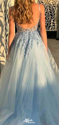 Elegant Spaghetti Strap Notched A-line Long Prom Dress Ideas, Evening Party Dresses,WGP1309