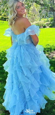 Gorgeous Off-shoulder Lace A-line Unique Long Prom Dress Ideas, Evening Party Dresses,WGP1334