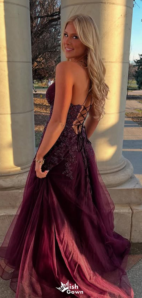Sexy V-neck Spaghetti Strap Lace A-line Long Prom Dress Ideas, Evening Party Dresses,WGP1354