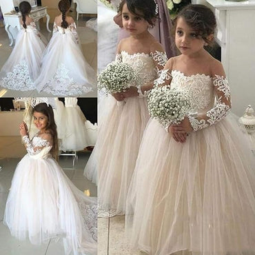 Cute Pink Long-Sleeve Sweetheart A-Line Flower Girl Dress, FG022
