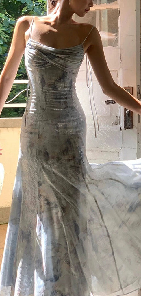 Elegant Blue Spaghetti Strap Mermaid Applique Long Prom Dress Ideas, Evening Party Dresses,WGP1704